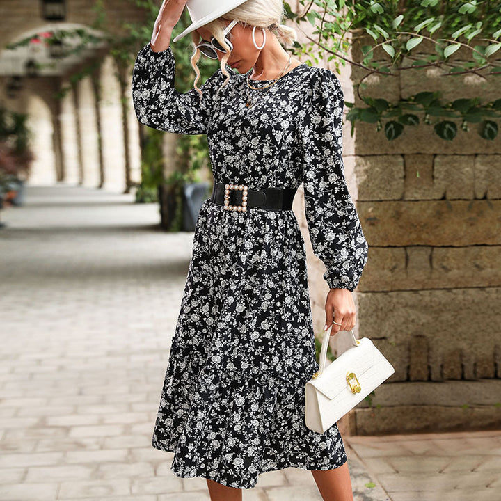 Damen Midikleid mit taillierter Silhouette, Perlen-Schnallen-Gürtel und Stufenrock Drune