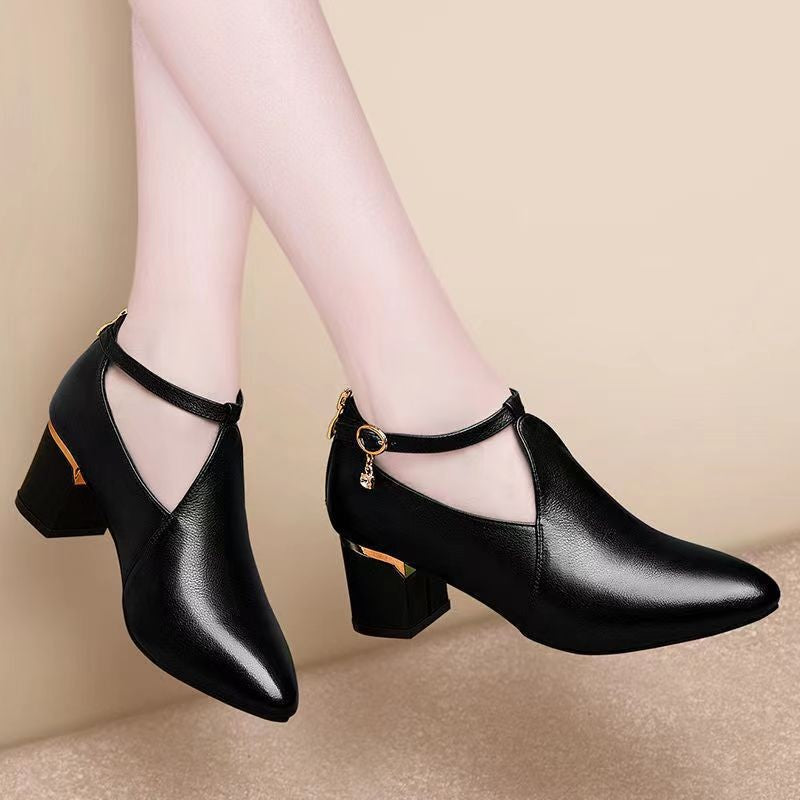 Damen nan spitz zulaufende Pumps mit Cut-Out, Knöchelriemchen, Fersenreißverschluss und mittelhohem Blockabsatz Drune