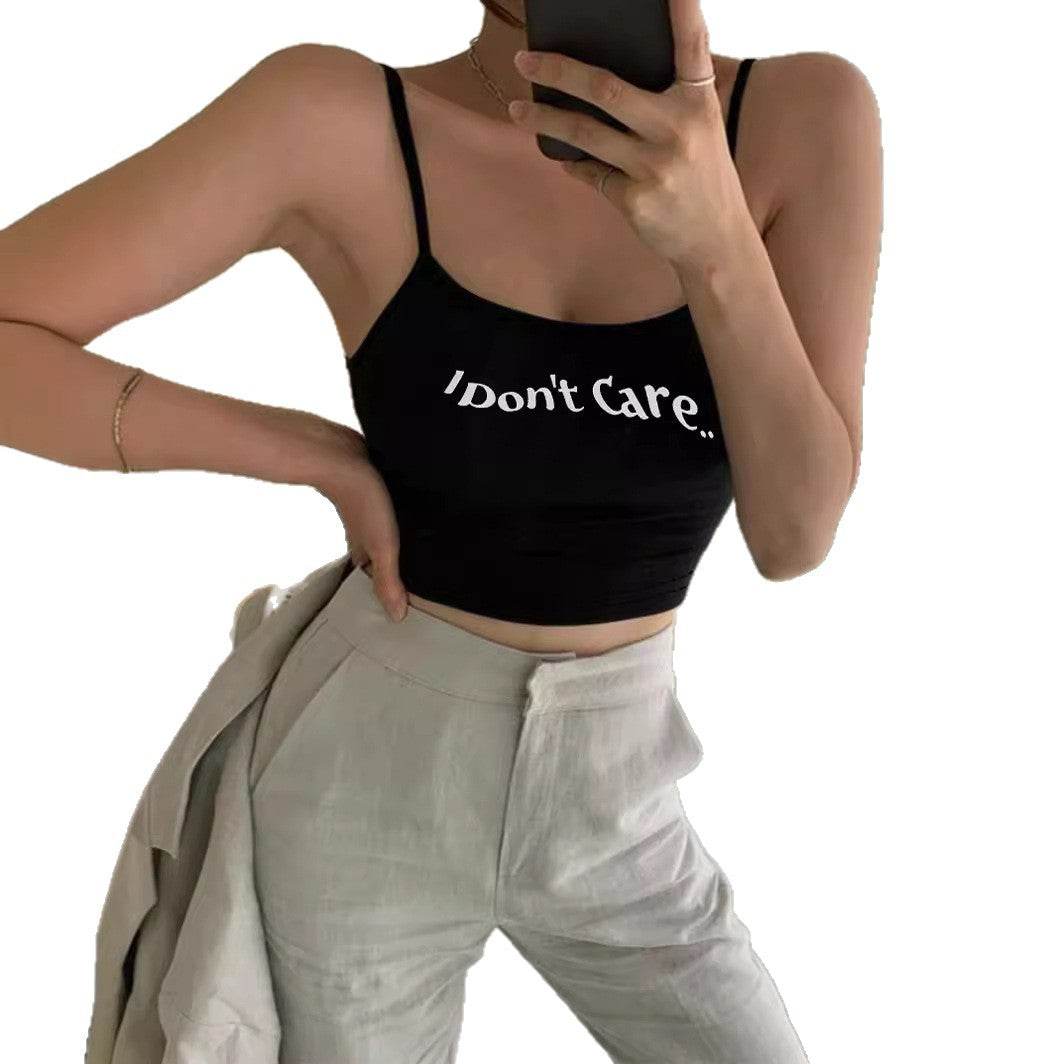 Damen Crop-Top mit kreativem Schriftzug und feinen Trägern Drune