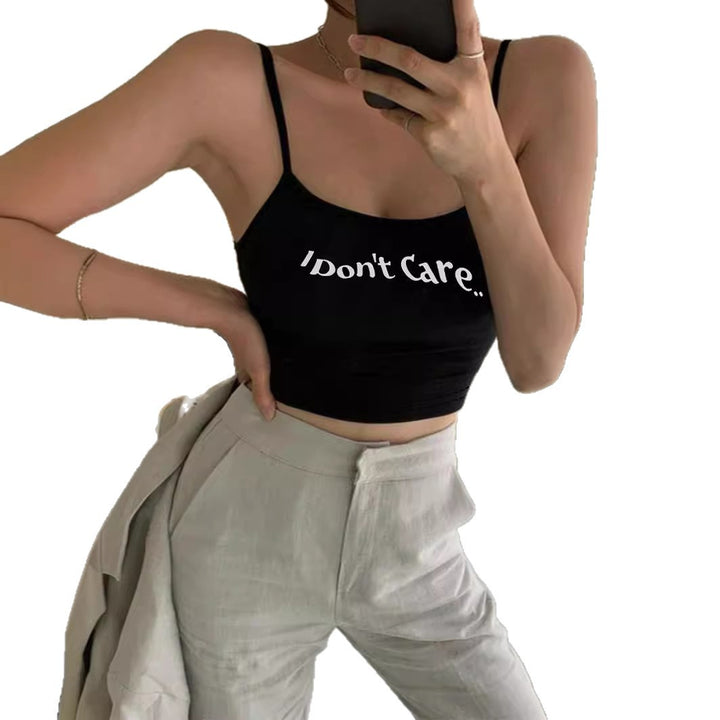 Damen Crop-Top mit kreativem Schriftzug und feinen Trägern Drune