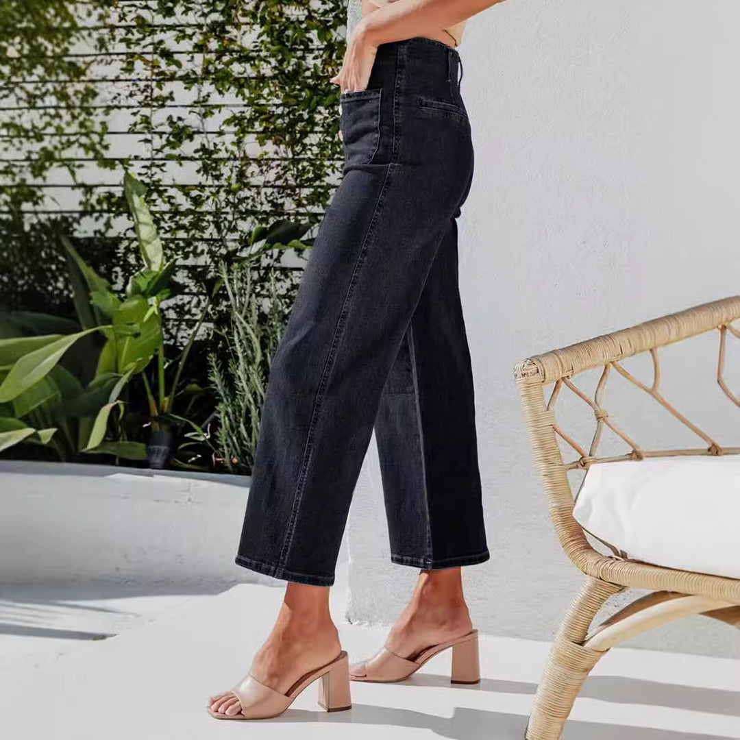 Damen High-Waist Jeans mit Knopfdetail und weitem Bein Drune