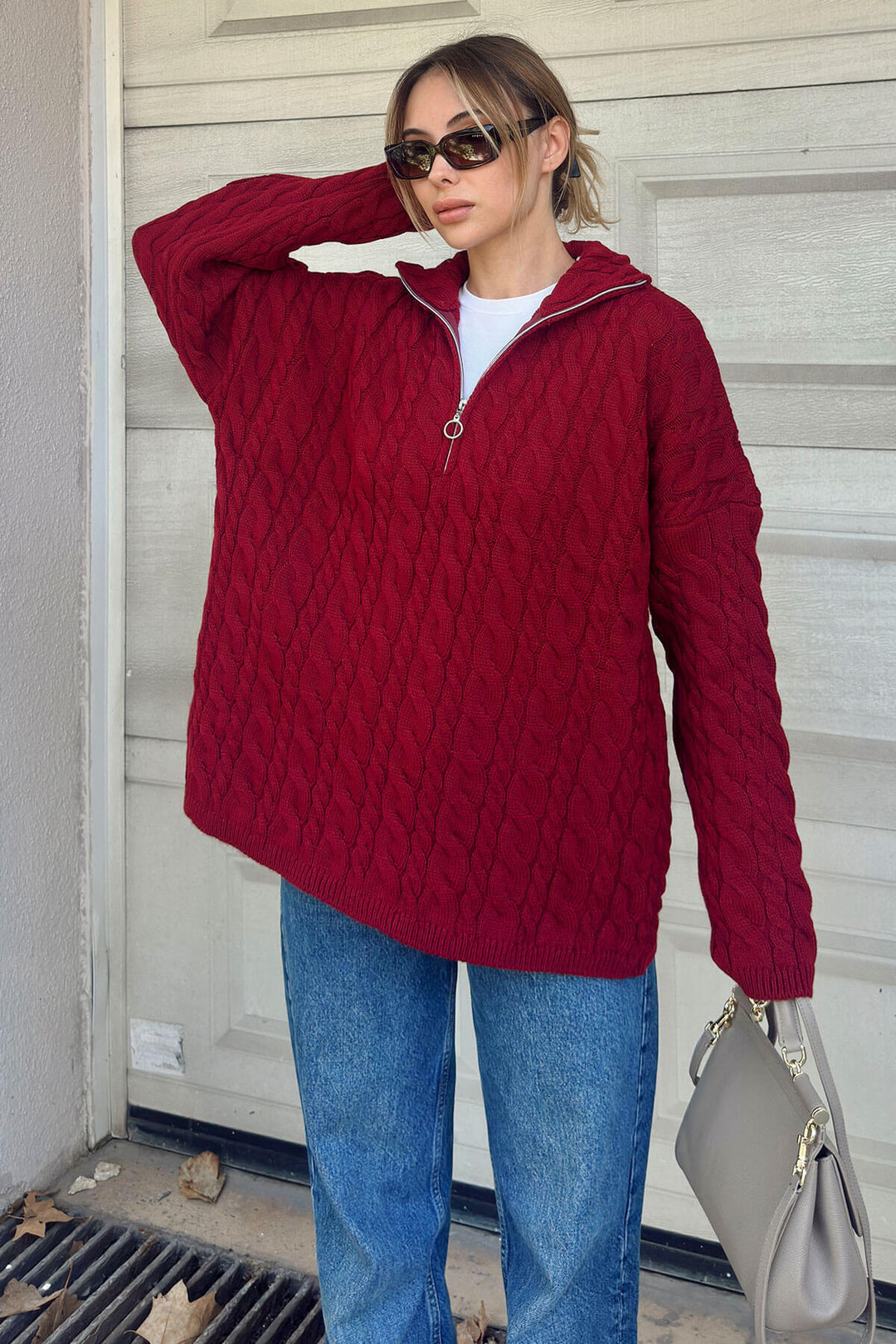 Damen Strickpullover mit halbem Reißverschluss und Zopfmuster Drune