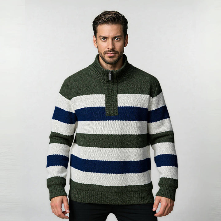 Herren modernes Strickpullover mit halbem Reißverschluss und Blockstreifen Drune