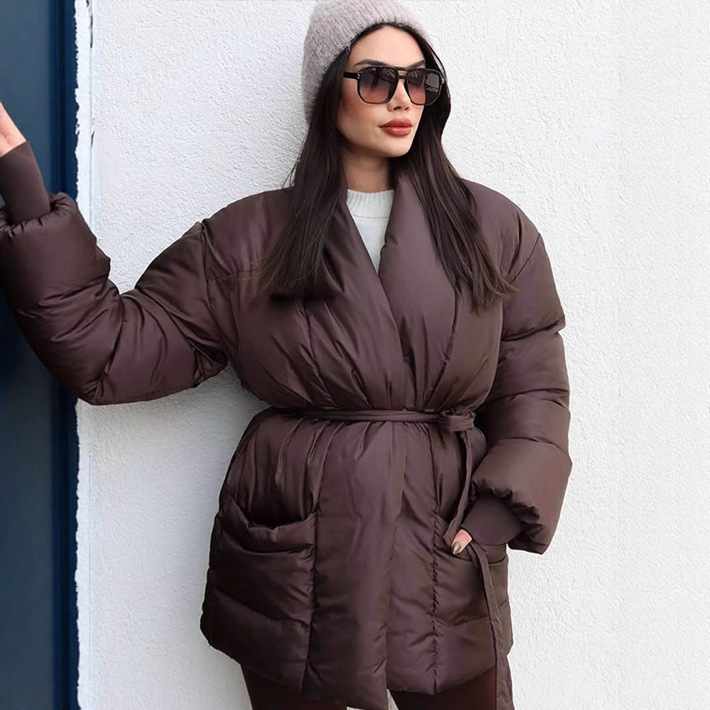 Damen Gesteppte Taillierte Steppjacke mit Schalkragen und Bindegürtel Drune