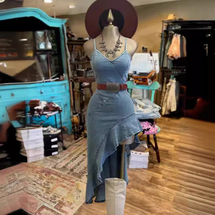 Drune | Rüschensaum Denim Split Kleid