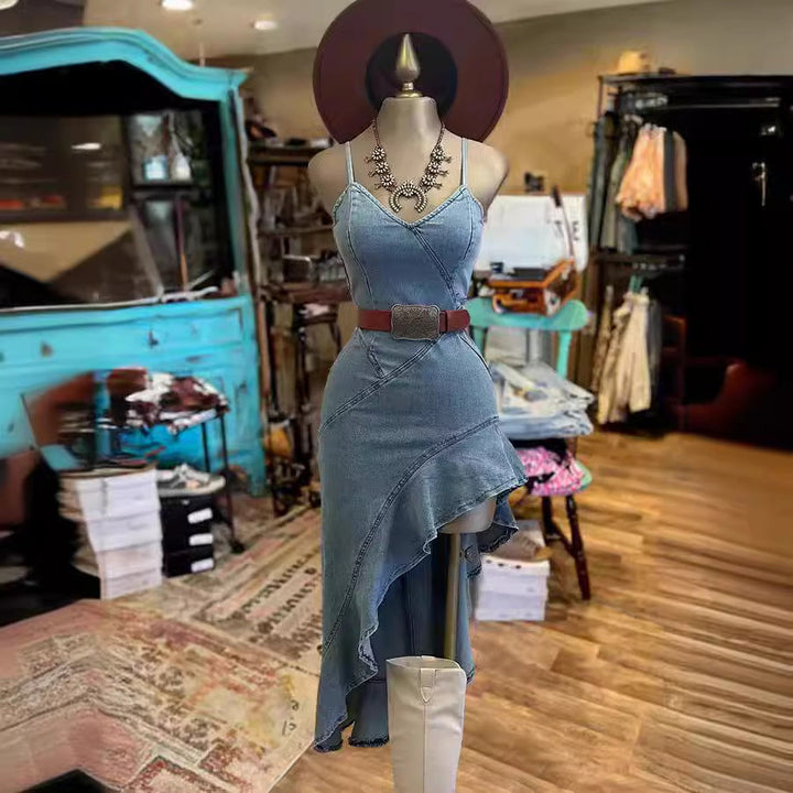 Drune | Rüschensaum Denim Split Kleid