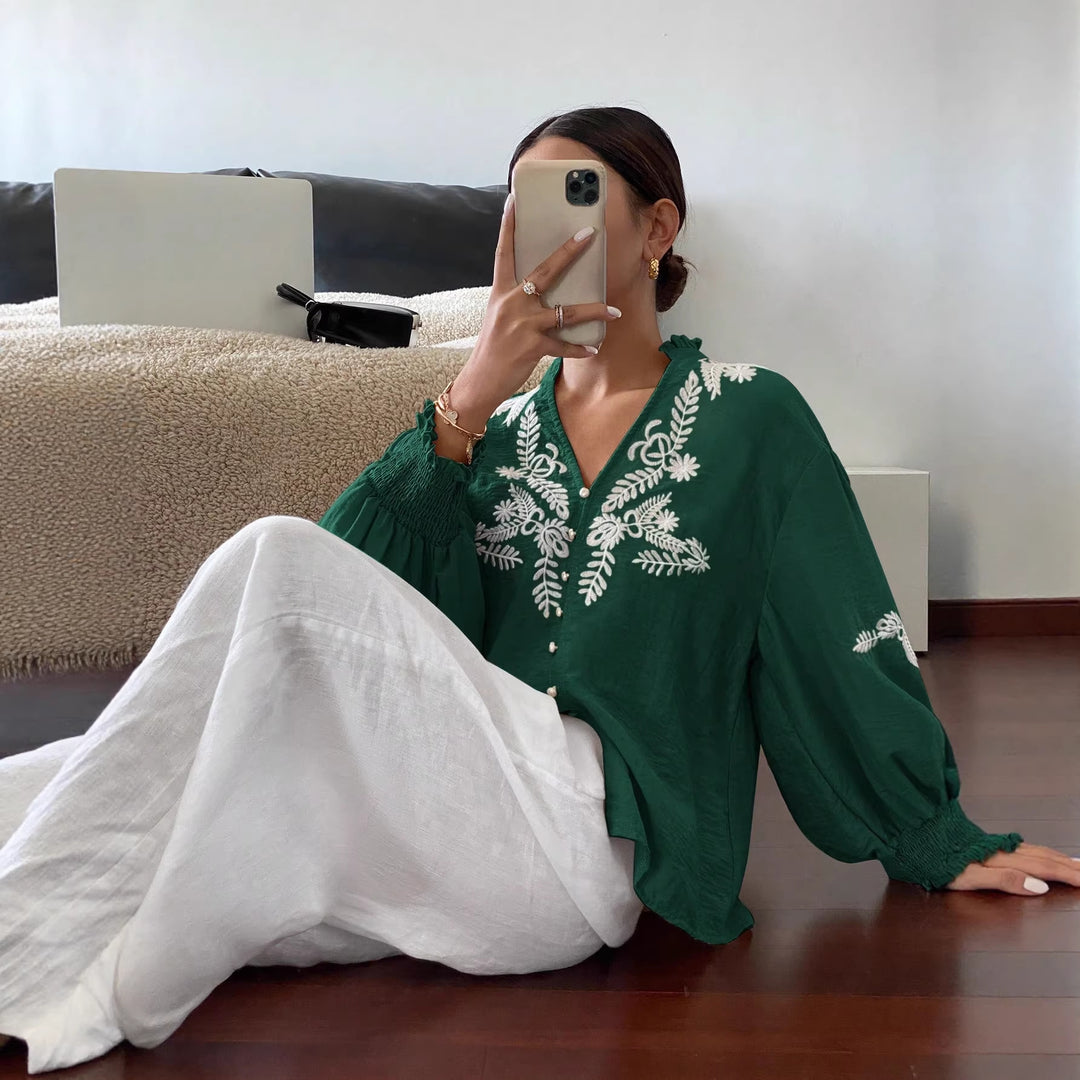 Damen Boho-Bluse mit Puffärmeln, Stickerei und Perlenknöpfen Drune
