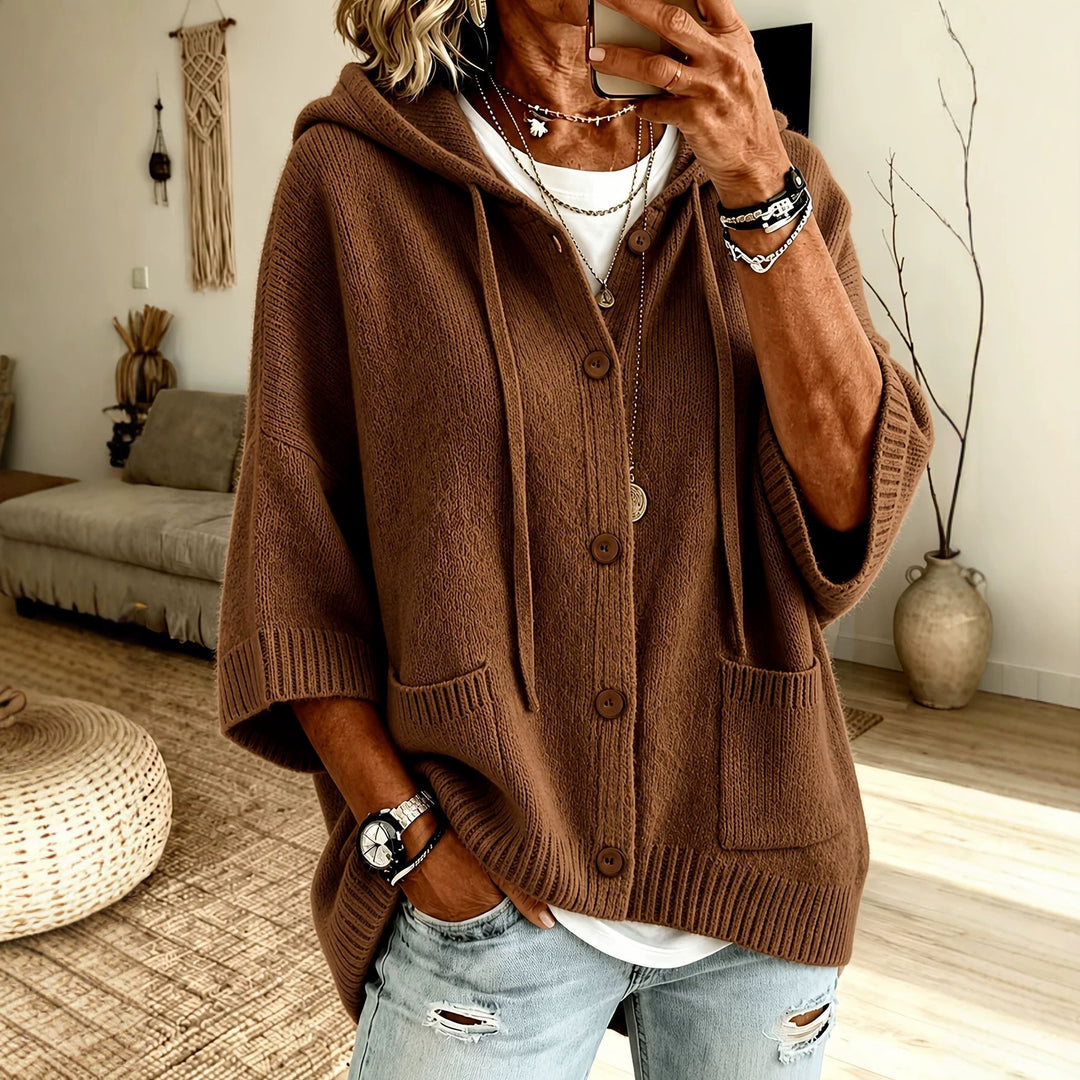 Damen Oversize Kapuzen-Cardigan mit Holzknöpfen und kastiger Silhouette Drune