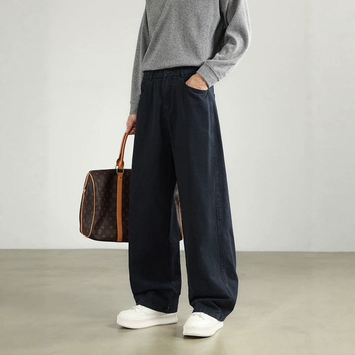 Herren Weite Baumwollhose mit elastischem Bund, geradem Bein und Eingrifftaschen Drune