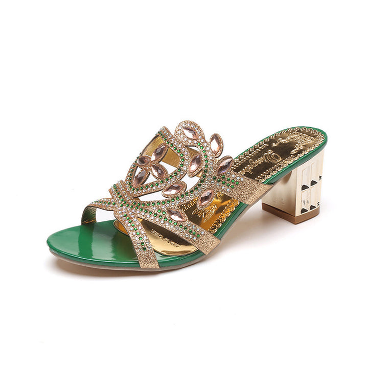 Damen nan verzierte Mule-Sandalette mit geschwungenem Riemenwerk, Kristallbesatz und metallisch facettiertem Blockabsatz Drune
