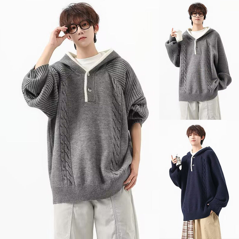 Herren Grobstrickpullover mit Kapuze und Knopfleiste Drune