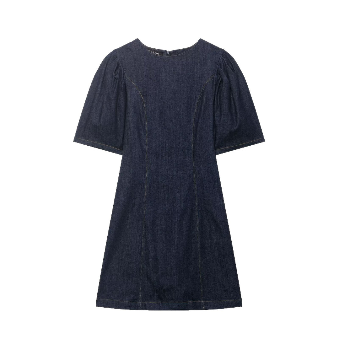 Damen A‑Linien Jeanskleid mit Puffärmeln und figurbetonten Abnähern Drune
