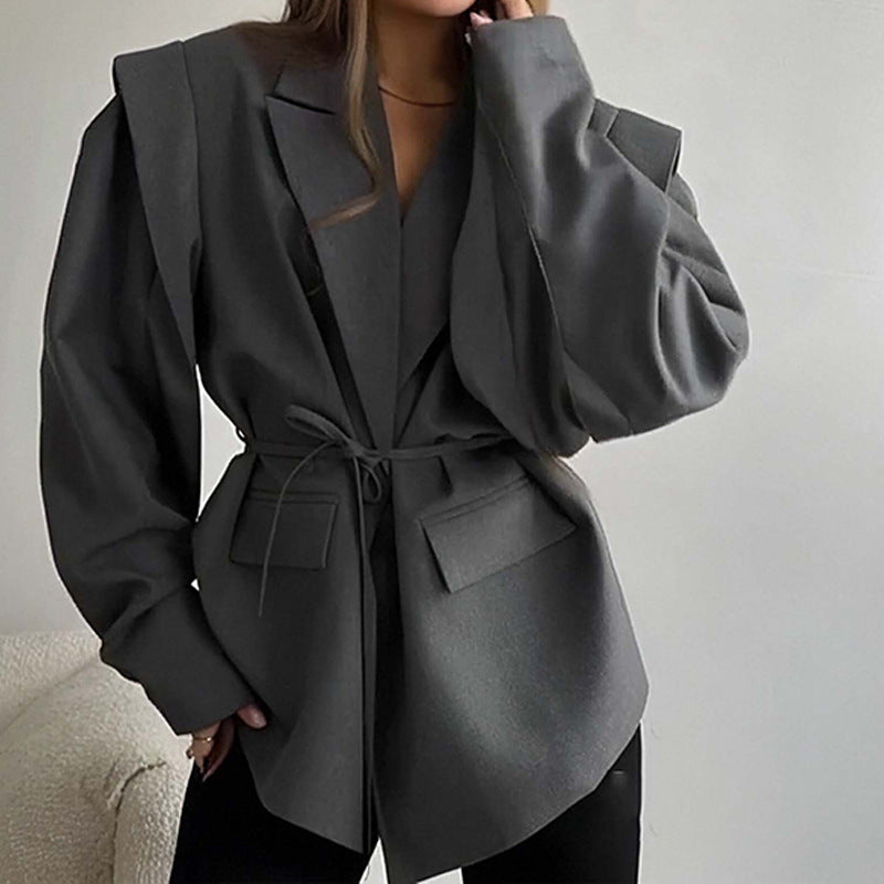 Damen Oversized Blazer mit Taillengürtel und eleganten Puffärmeln Drune