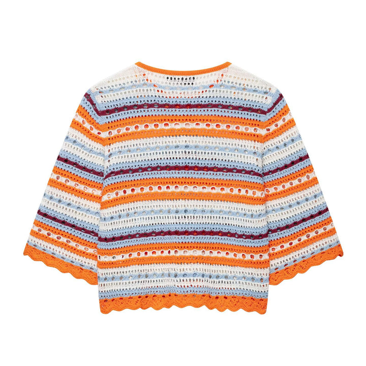 Damen Häkel-Cardigan Kurzarm mit Knopfleiste und Streifenstruktur Drune