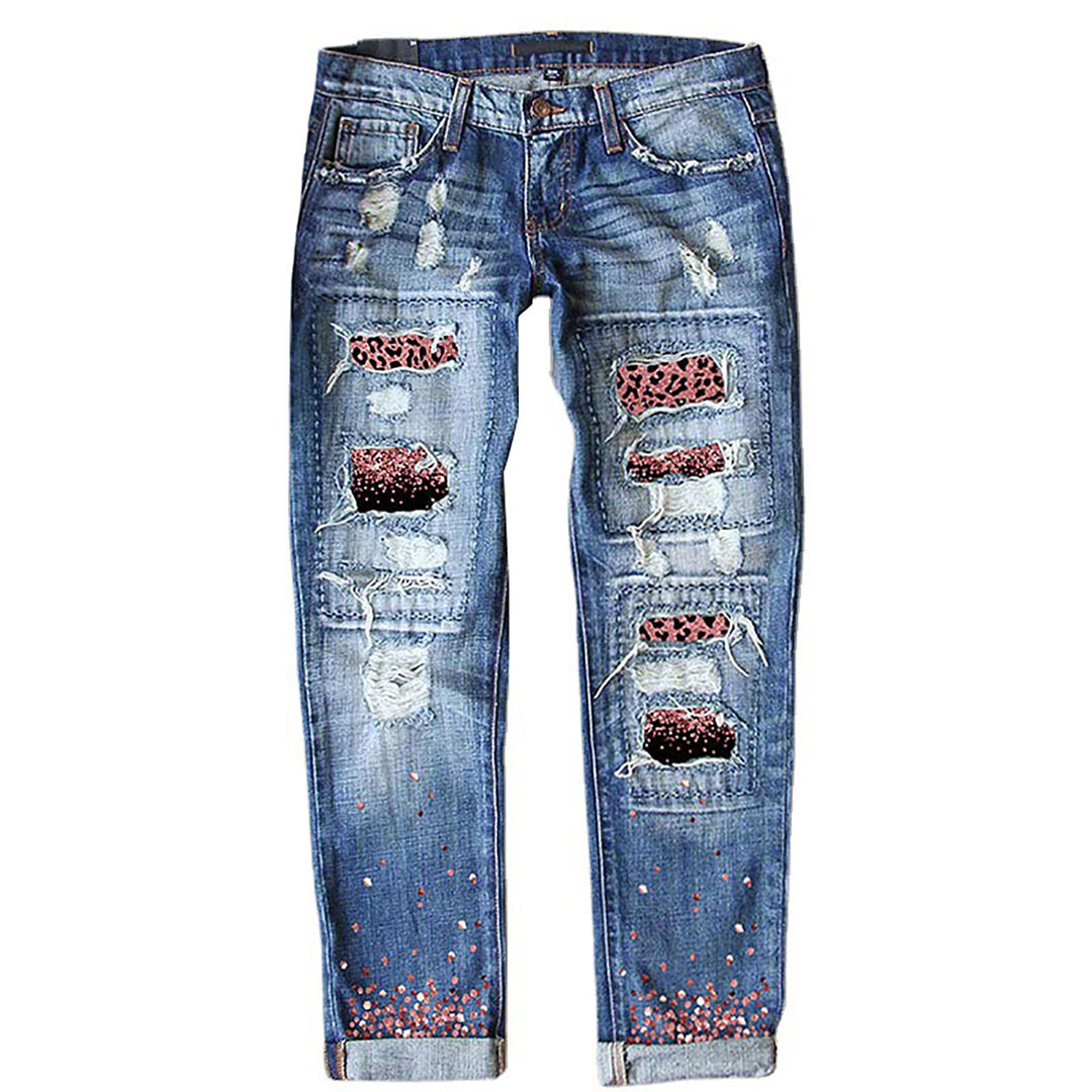 Damen nan verwaschene schmale Jeans mit Leopardenpatches und Glitzerbesatz Drune