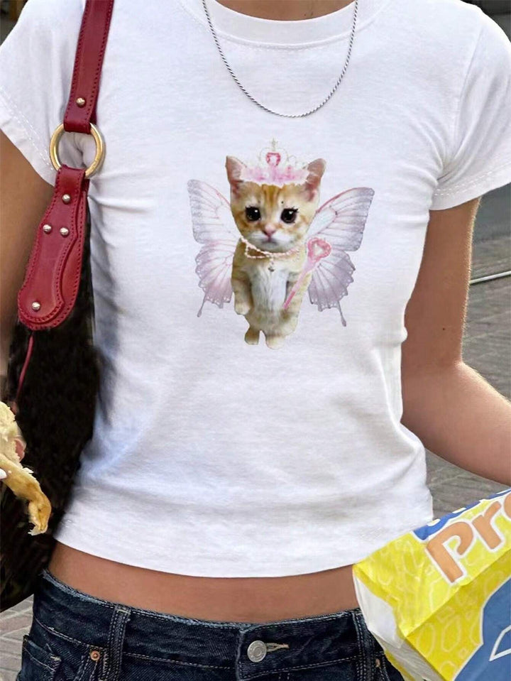 Damen T-Shirt mit verspieltem Katzenmotiv und zarten Flügeln Drune
