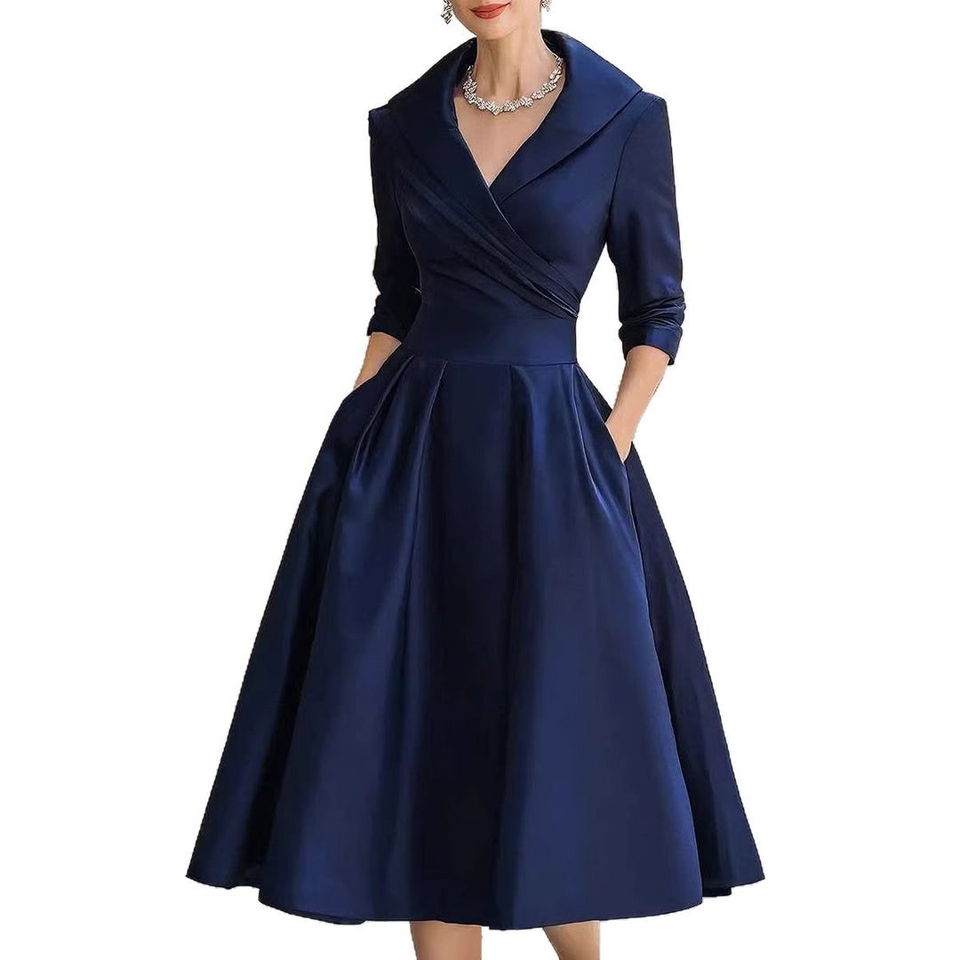 Damen Elegantes Satin-Midikleid mit Wickeloberteil, mittellangen Ärmeln und Eingrifftaschen Drune