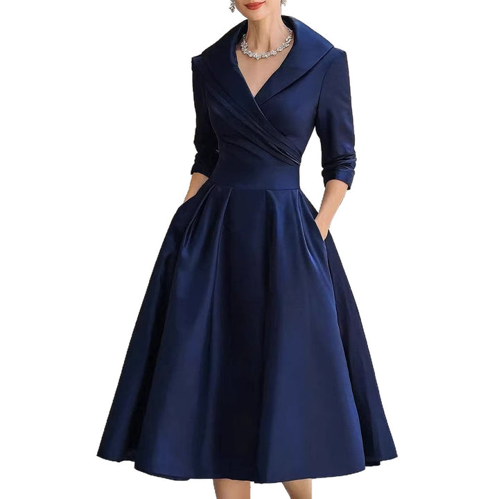 Damen Elegantes Satin-Midikleid mit Wickeloberteil, mittellangen Ärmeln und Eingrifftaschen Drune