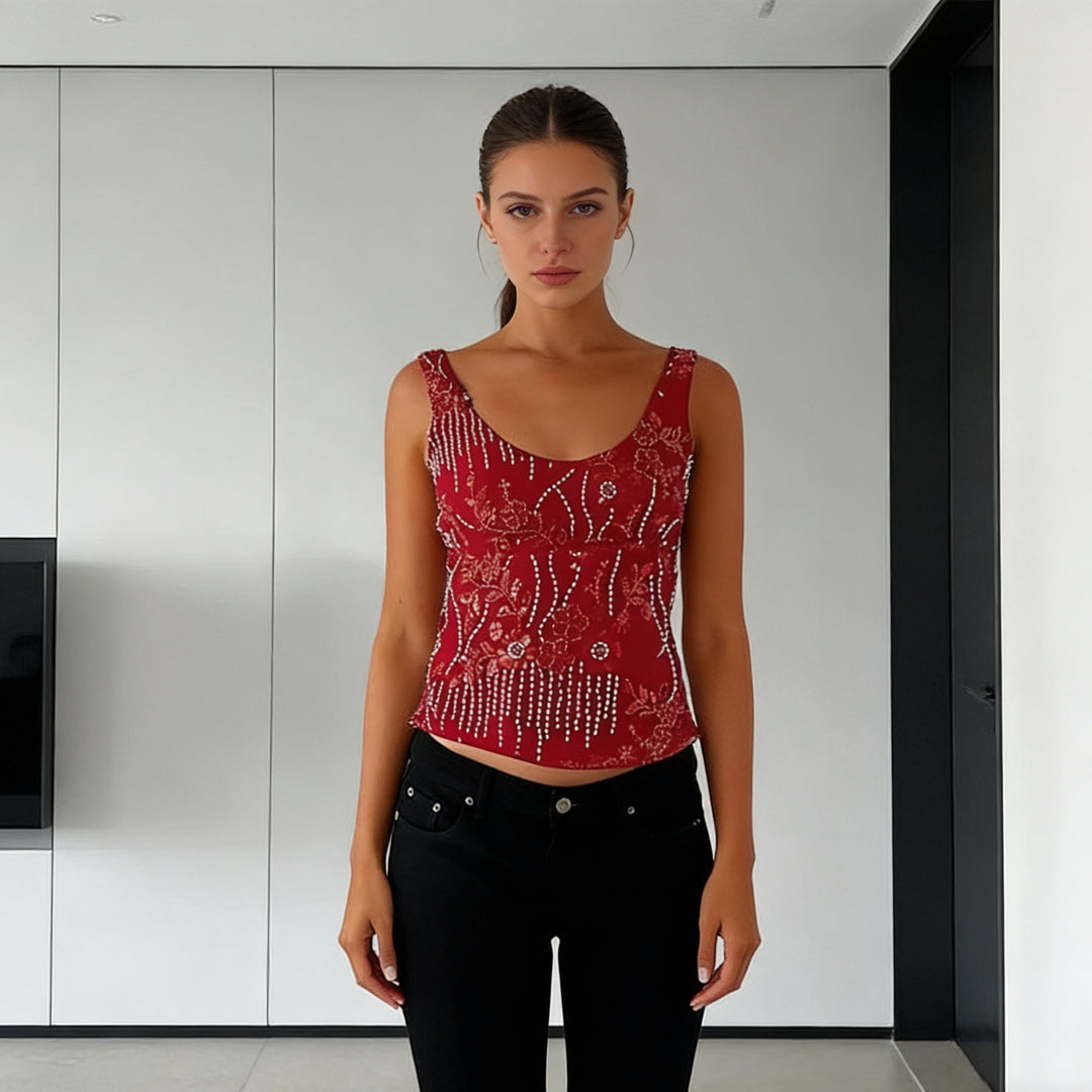 Damen Glamouröses Top mit funkelnden Stickereien und schmalen Trägern Drune