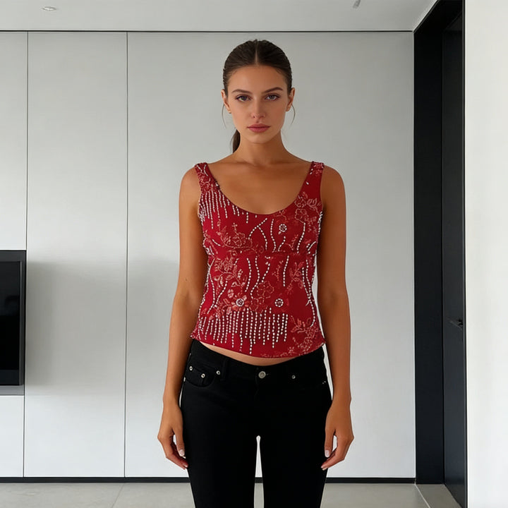 Damen Glamouröses Top mit funkelnden Stickereien und schmalen Trägern Drune