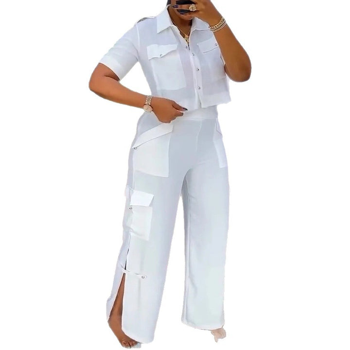 Damen nan zweiteiliges Hemd- und Cargo-Hosen-Set mit kurzem Oversize-Hemd, hoher Taille, weitem Bein und seitlichen Beinschlitzen Drune