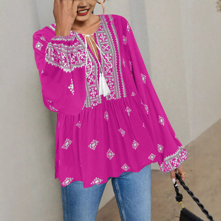Damen Bestickte Boho-Tunika-Bluse mit Quastenbändern und stufigem Saum Drune