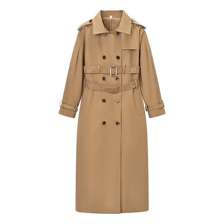 Damen nan langer taillierter Trenchcoat mit doppeltem Gürtel und Schalkragen Drune