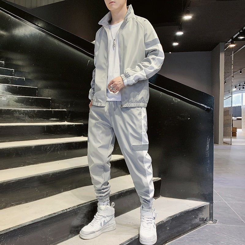 Herren Zweiteiliges Streetwear-Trainingsset mit Stehkragen, Kontraststreifen & reflektierenden Einsätzen Drune