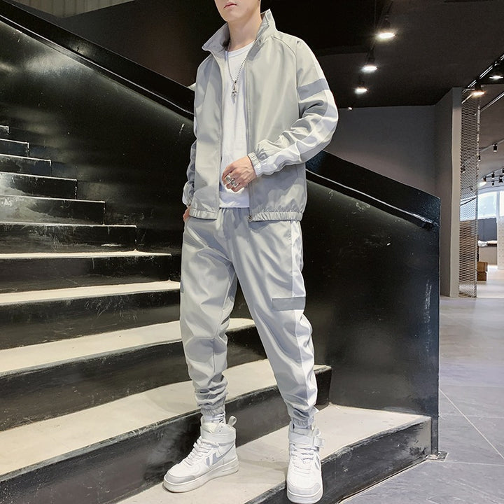 Herren Zweiteiliges Streetwear-Trainingsset mit Stehkragen, Kontraststreifen & reflektierenden Einsätzen Drune