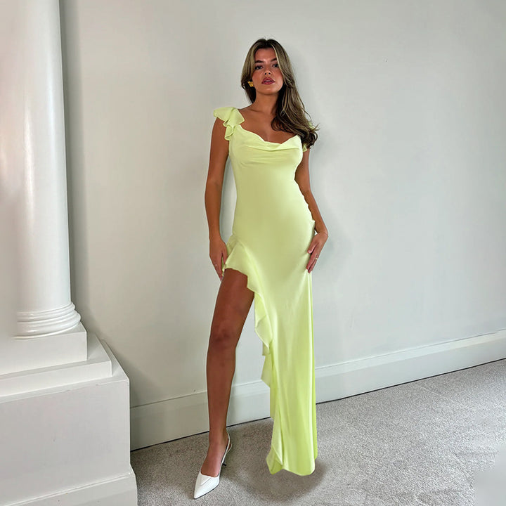 Damen Elegantes Maxi-Kleid mit asymmetrischem Saum und Rüschendetails Drune
