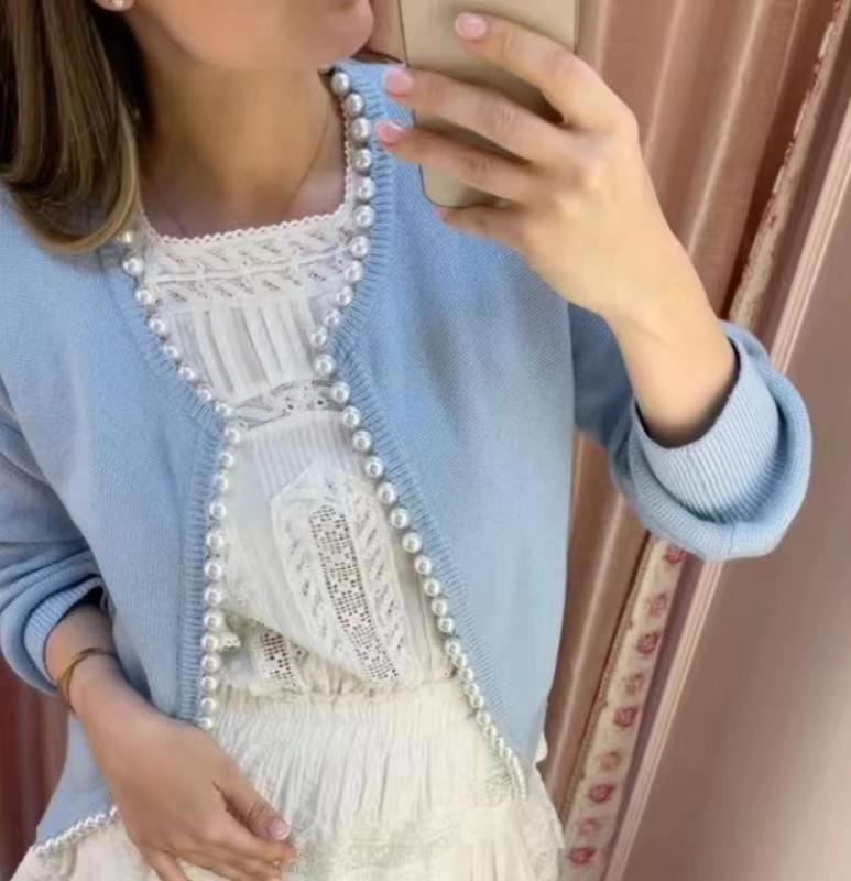 Damen Strickjacke mit Perlenverzierung und Lockeren Schnitt Drune