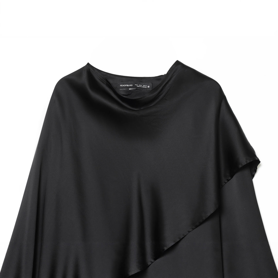 Damen nan asymmetrische Satin-Bluse mit Cascading-Volant und Rundhals Drune
