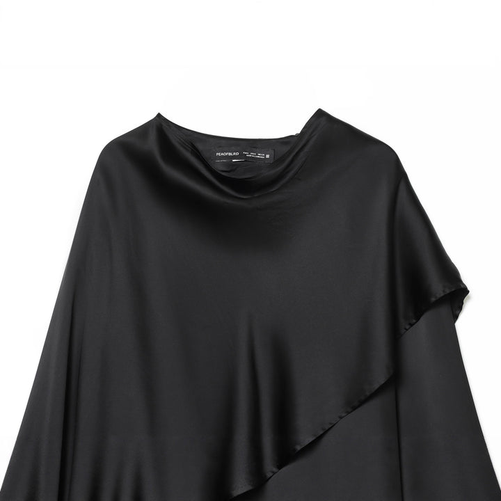 Damen nan asymmetrische Satin-Bluse mit Cascading-Volant und Rundhals Drune