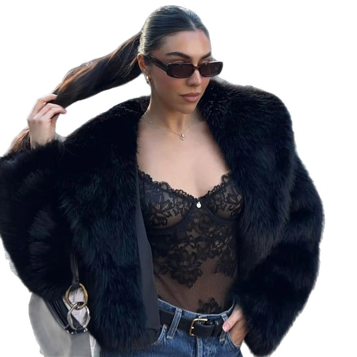 Damen Kurze Cropped Kunstpelzjacke mit voluminösem Schalkragen Drune