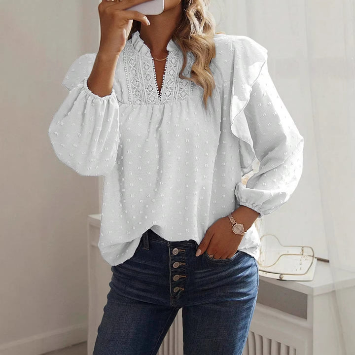 Damen Viskose-Bluse mit Spitzenstickerei und Volantärmeln Drune