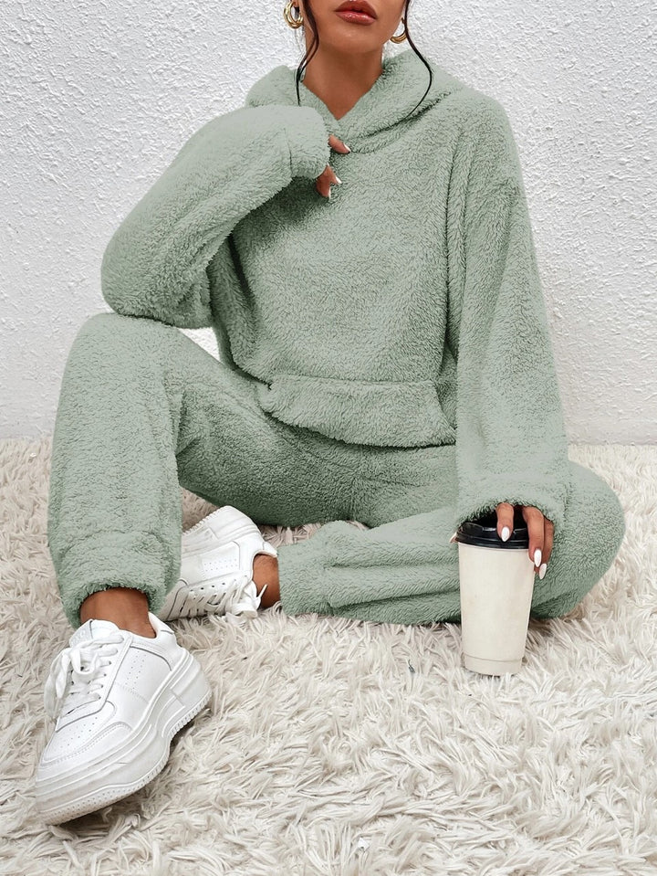Damen nan kuscheliges Teddy-Fleece Hausanzug-Set mit Kapuze, Kängurutasche und elastischer Jogginghose Drune