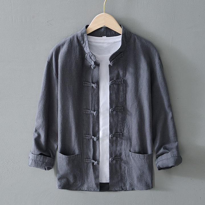 Herren nan leichte Leinenjacke im traditionellen chinesischen Stil mit Stehkragen und Knotenverschlüssen Drune
