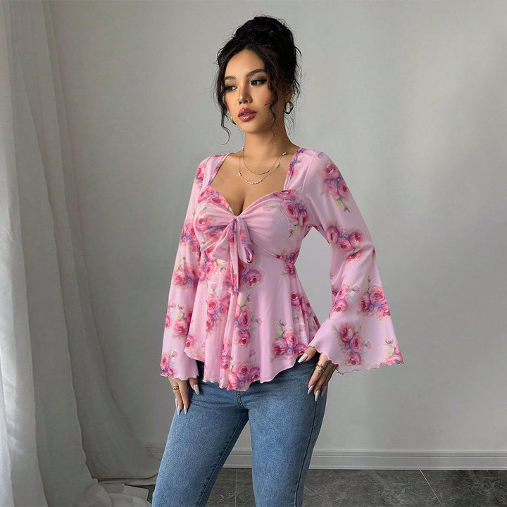 Damen florales Chiffon-Top mit Bindeschleife, Herzausschnitt, ausgestellten Glockenärmeln und tailliertem Schößchen Drune