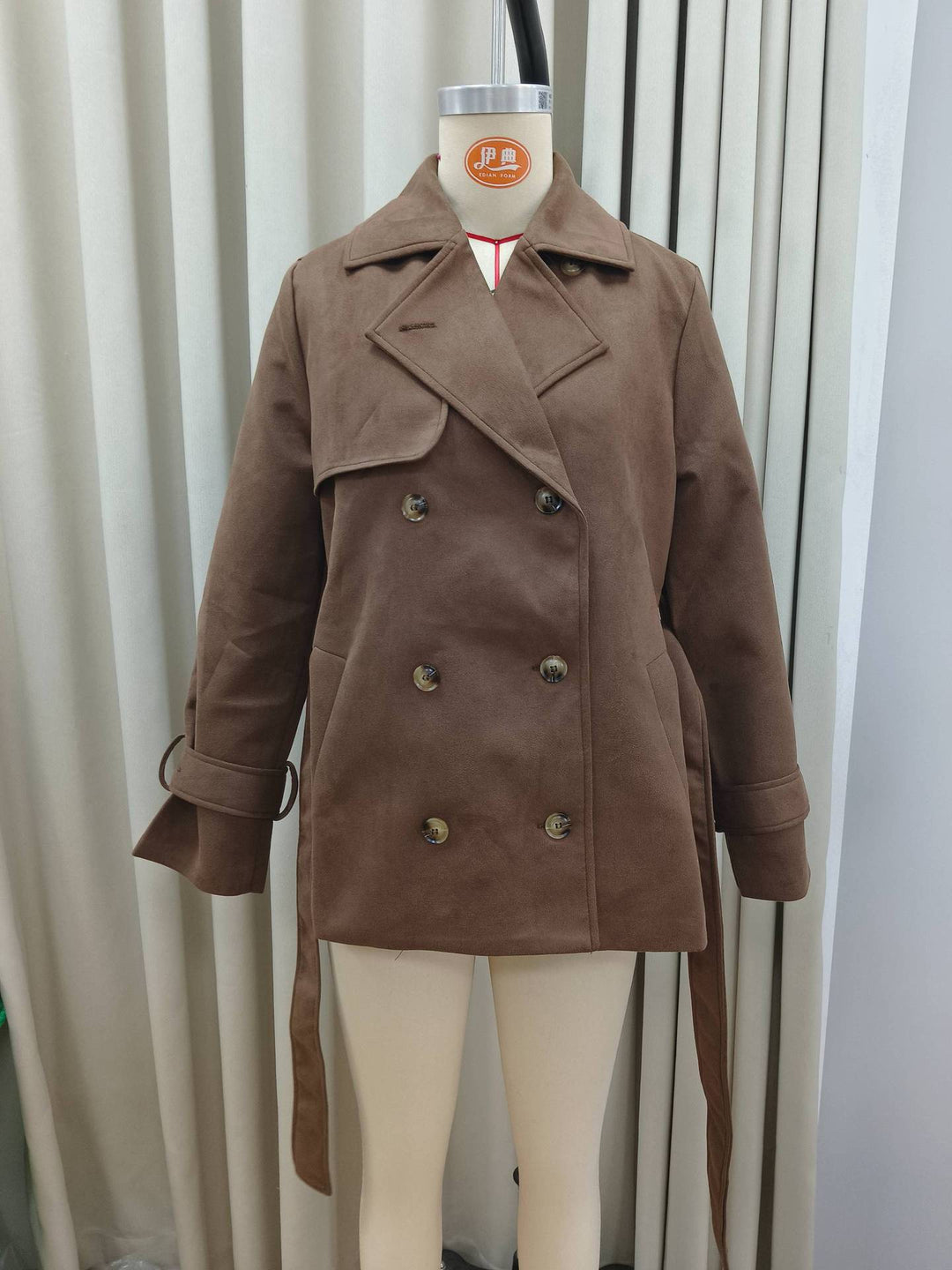 Damen Langer Doppelreihiger Trenchcoat aus Veloursleder-Optik mit Taillengürtel Drune