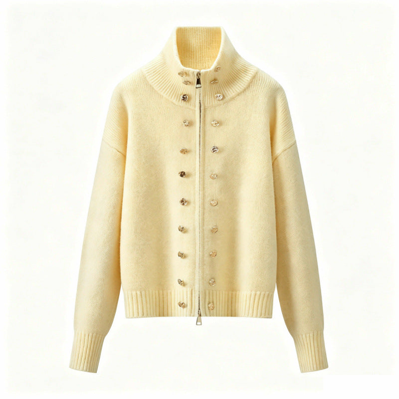 Damen Cropped Strickjacke mit hohem Stehkragen, Zierknopfleiste und Doppelreißverschluss Drune