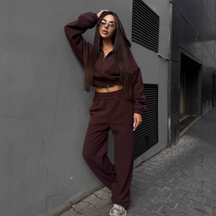 Damen kuscheliges Fleece-Crop-Top und weite Hose Set Drune