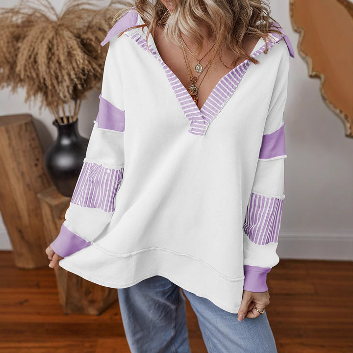 Damen lässiger Pullover mit Hemdkragen und gestreiften Ärmeln Drune