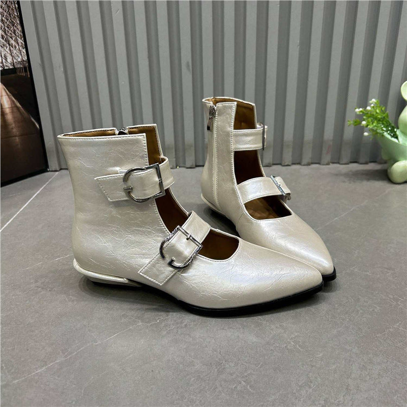 Damen Spitz zulaufende Ankle-Boots mit Doppelriemen, Schnallen und niedrigem Blockabsatz Drune