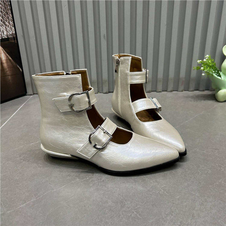 Damen Spitz zulaufende Ankle-Boots mit Doppelriemen, Schnallen und niedrigem Blockabsatz Drune