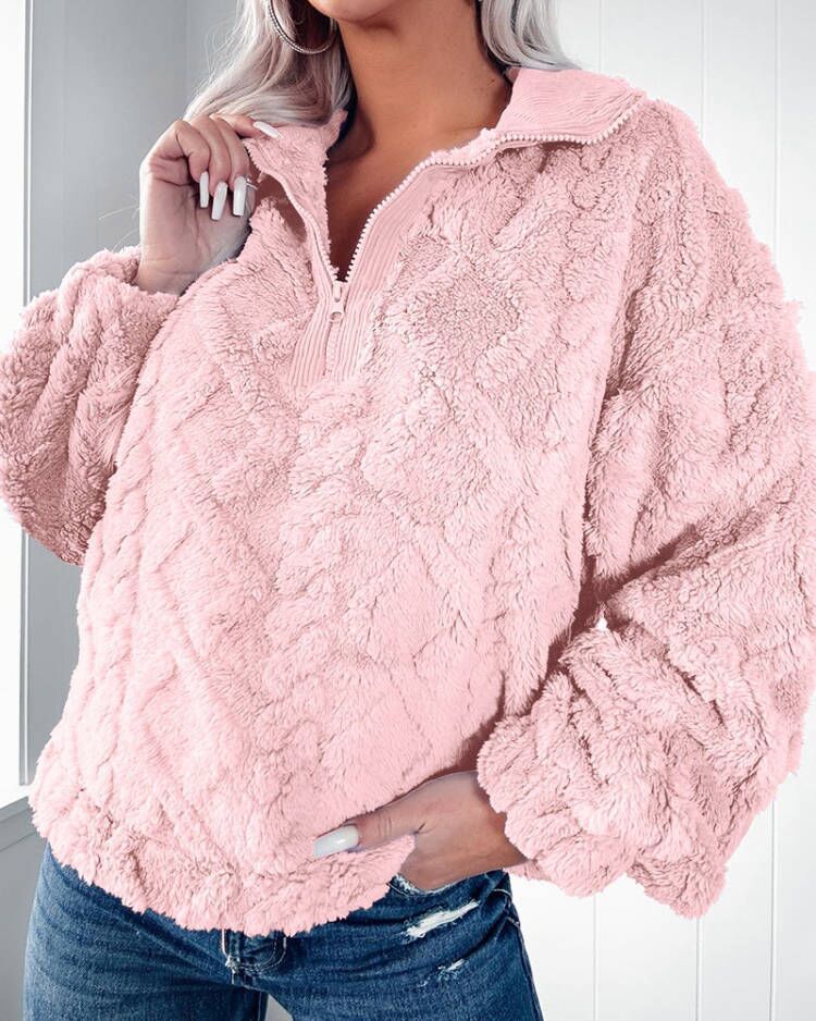 Damen Kuscheliger Fleece-Pullover mit halbem Reißverschluss und Volumenärmeln Drune