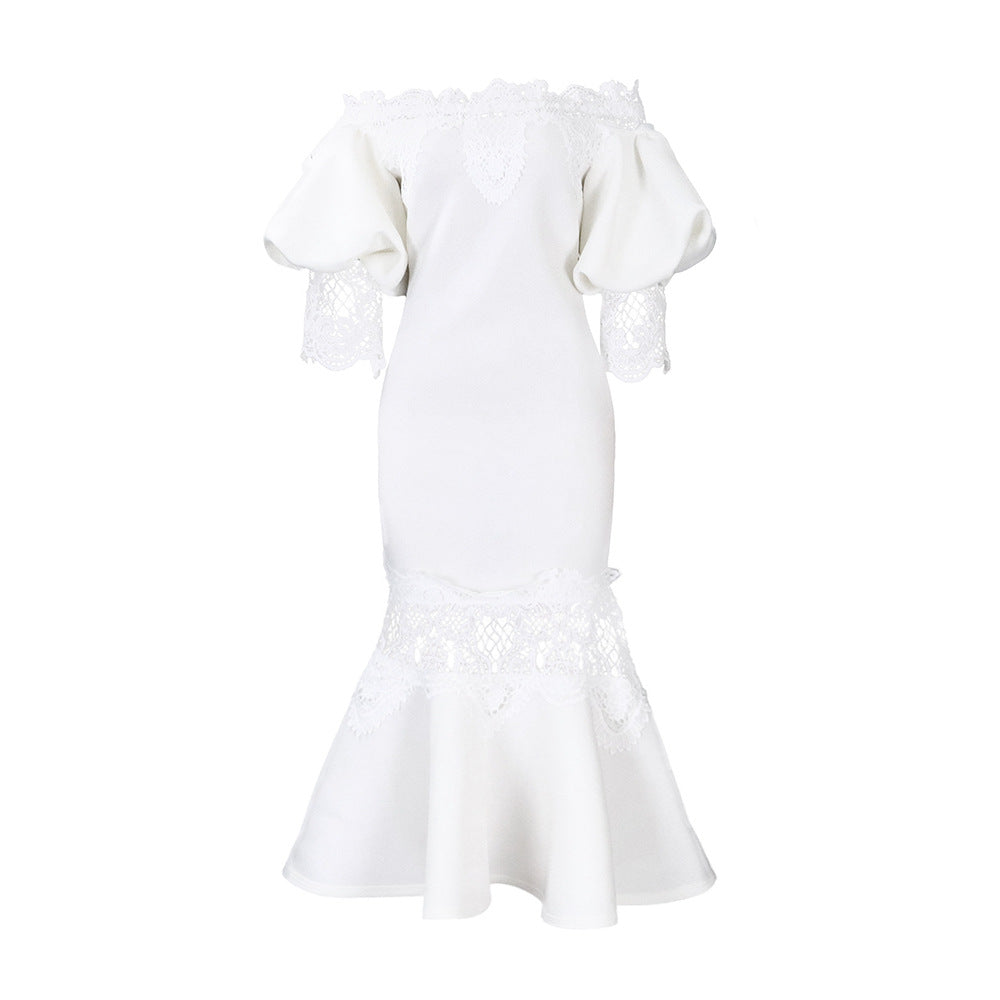 Damen Bodycon Kleid mit Spitzenapplikationen und voluminösen Ärmeln Drune