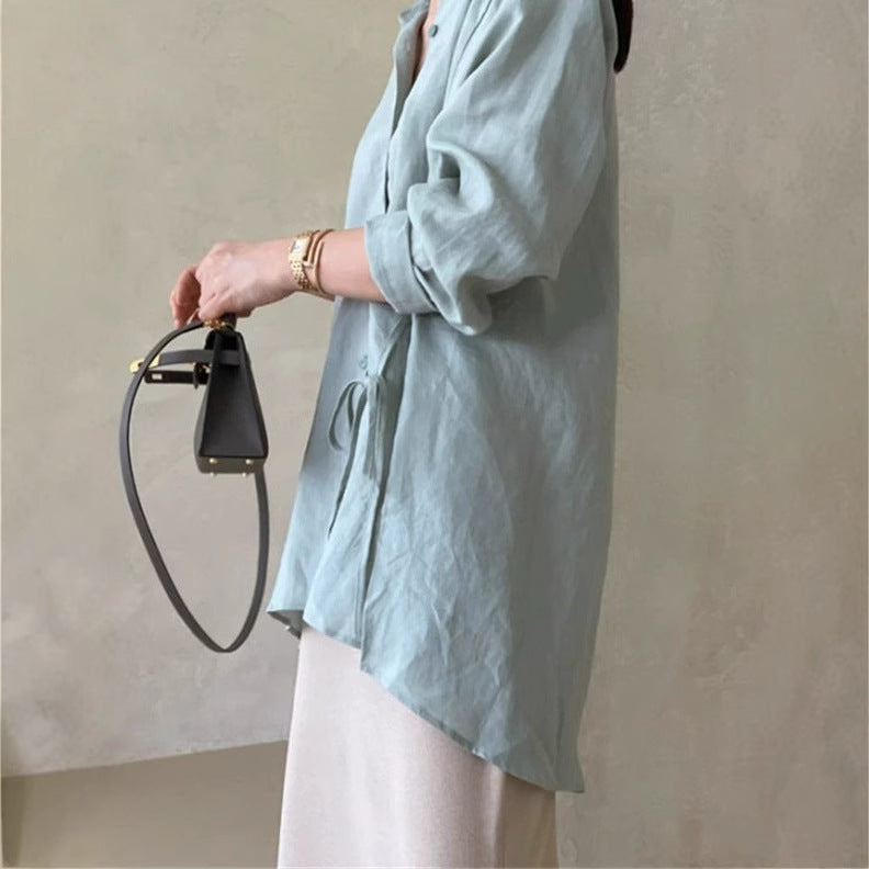 Damen Locker geschnittene Leinen‑Hemdbluse mit Stehkragen, Tunnelzug‑Taille und durchgehender Knopfleiste Drune