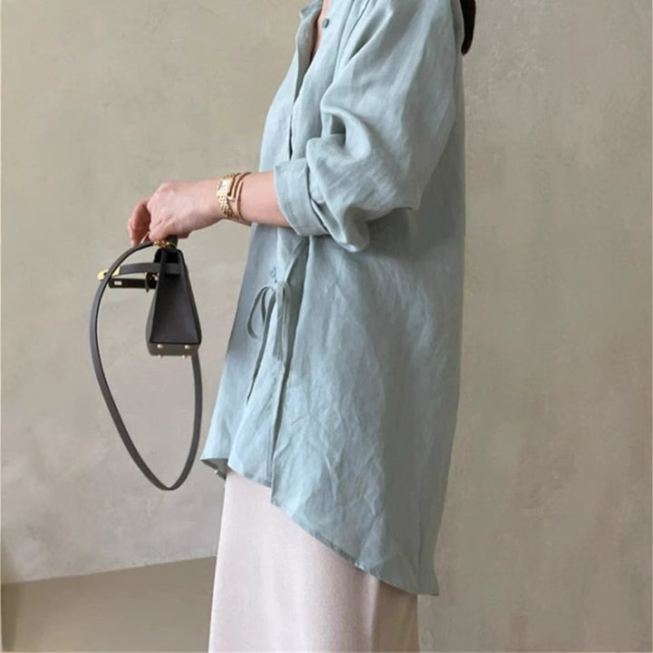 Damen Locker geschnittene Leinen‑Hemdbluse mit Stehkragen, Tunnelzug‑Taille und durchgehender Knopfleiste Drune