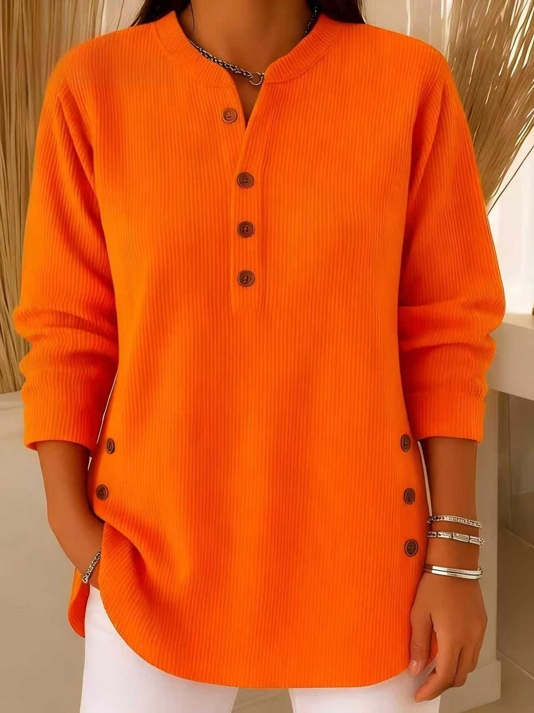 Damen nan plissee Tunika-Bluse mit Stehkragen, Knopfleiste und seitlichen Zierknöpfen Drune