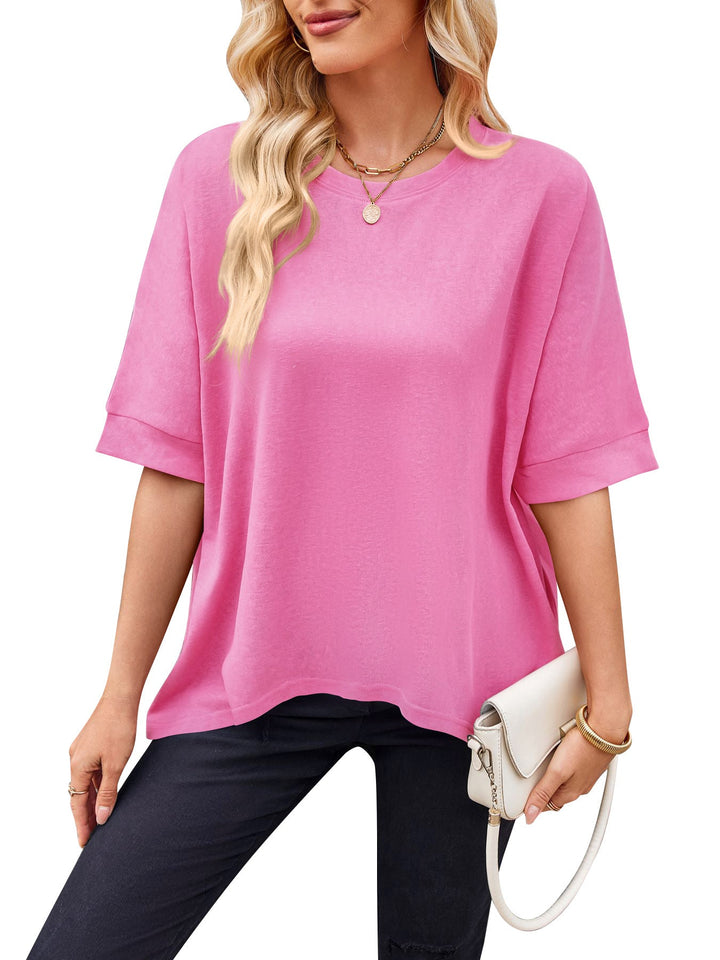 Damen lässiges Oversized T-Shirt mit seitlichen Schlitzen und umgeschlagenen Ärmeln Drune